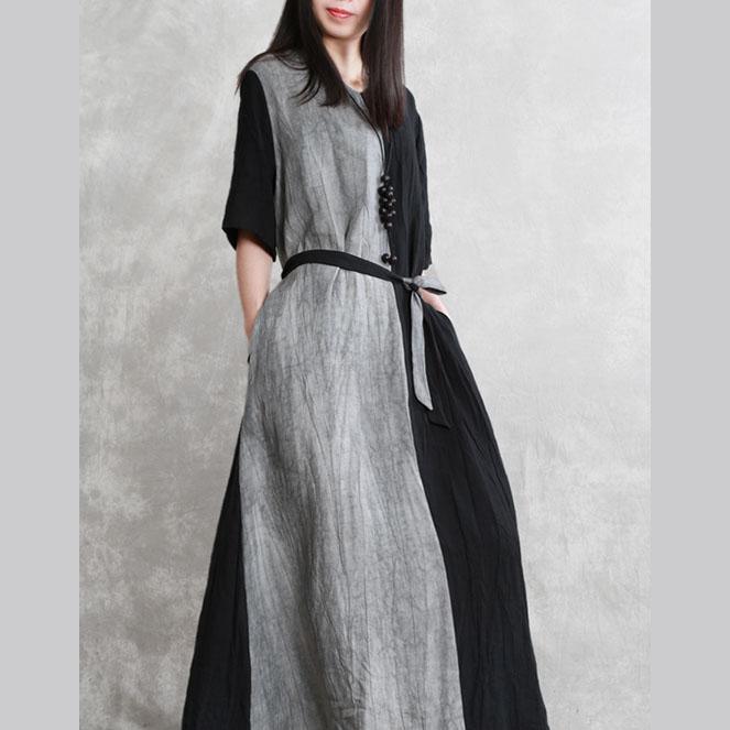 DIY v neck tie waist linen Robes Runway black bagy Dress summer - Omychic