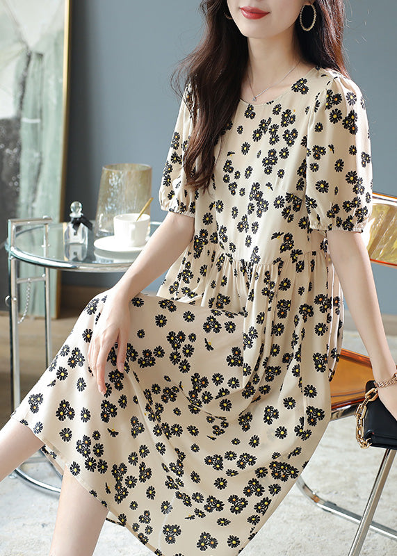 Elegant Beige Patchwork Wrinkled Silk Long Dress Short Sleeve