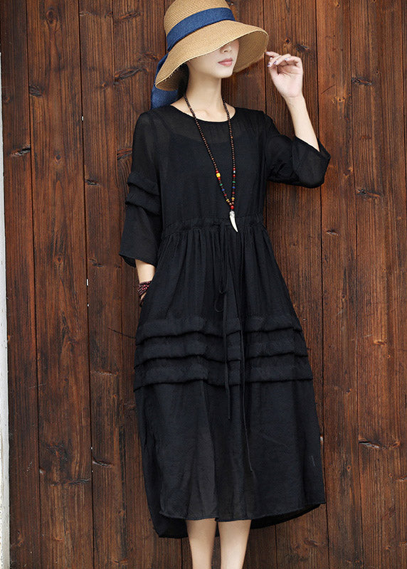 Elegant Black O-Neck Drawstring Cotton Long Dress Two Pieces Set Summer