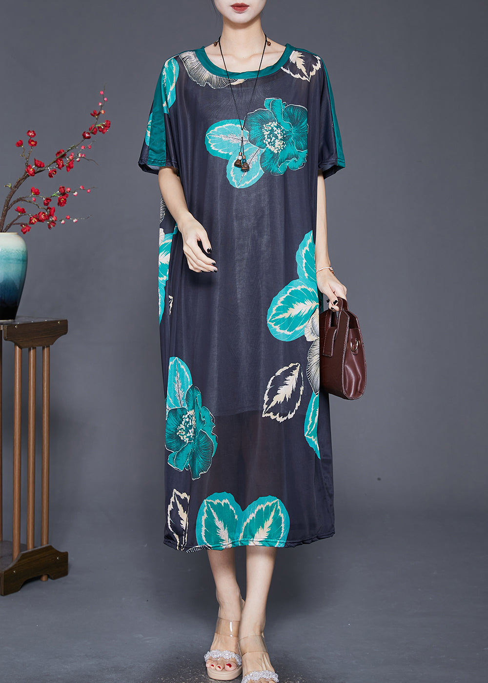 Elegant Black Oversized Print Silk Maxi Dresses Summer