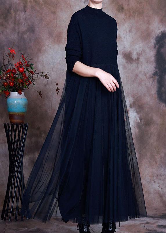 Elegant Black tulle Patchwork Knit Dress Spring - Omychic