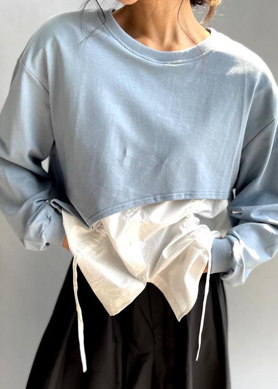 Elegant Blue O-Neck Patchwork Asymmetrical Design Fall Sweatshirts Top - Omychic
