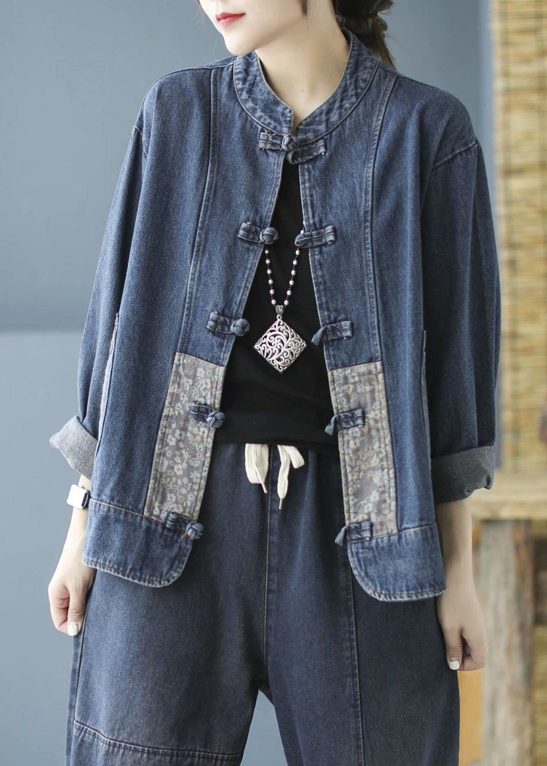 Elegant Blue Pockets Button Patchwork Fall Denim Long sleeve Coat - Omychic