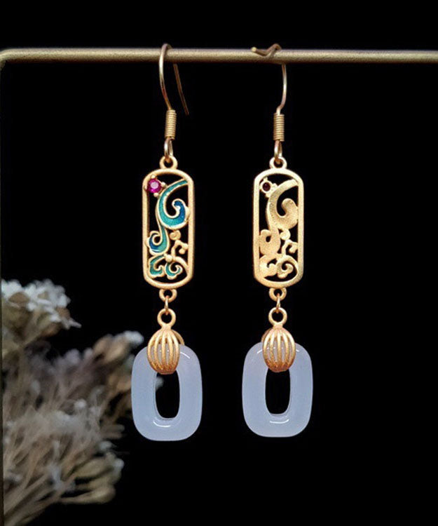 Elegant Gold Ancient Gold Jade Enamel Ping Buckle Drop Earrings