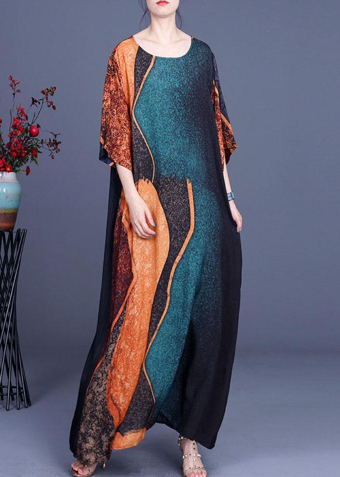 Elegant Green Print Patchwork Half Sleeve Silk Dress Summer - Omychic