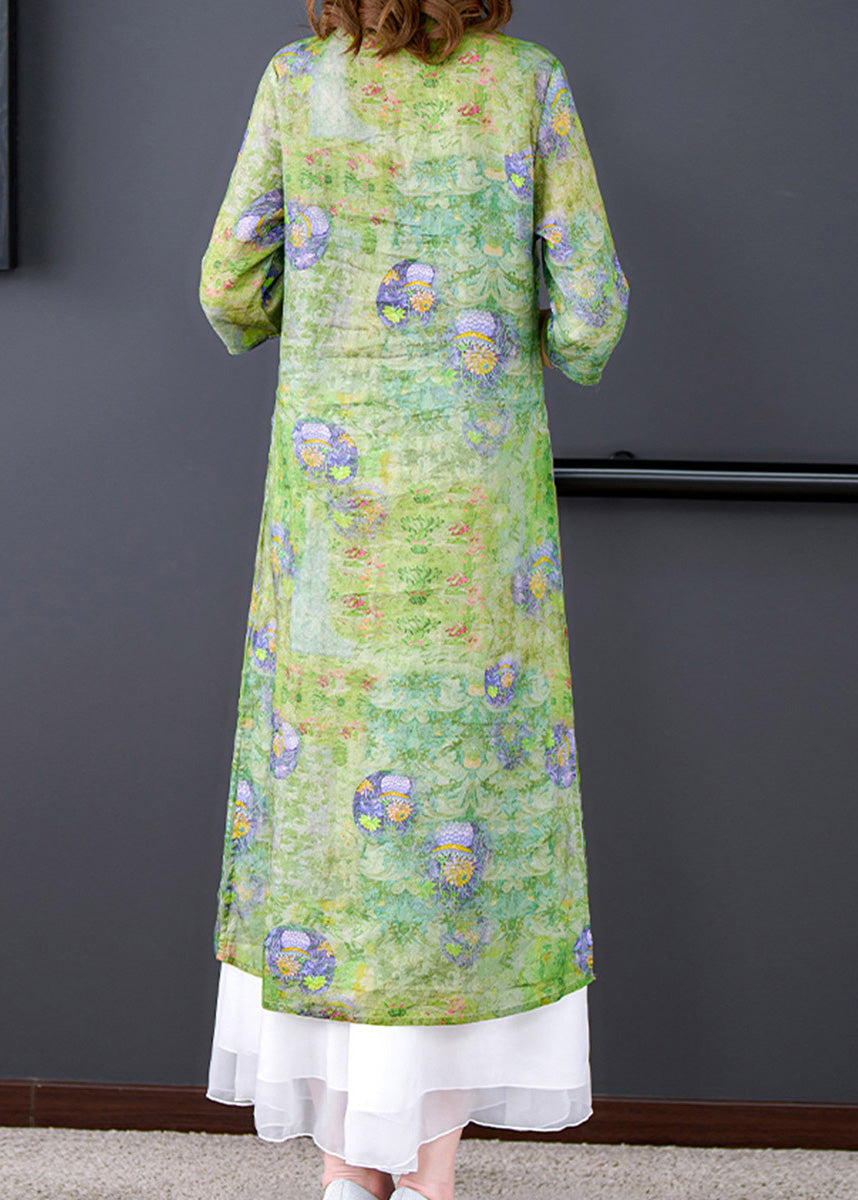 Elegant Green Stand Collar Print Side Open Button Silk Long Dresses Summer