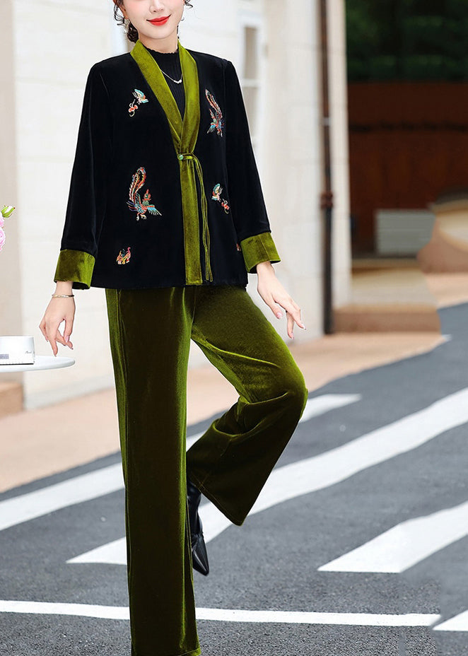 Elegant Green V Neck Embroideried Silk Velour Coats And Pants Two Piece Set Fall