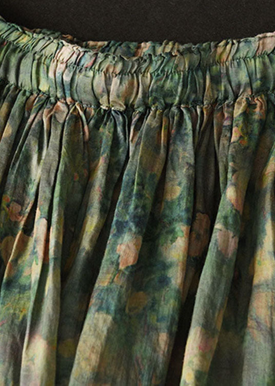 Elegant Green Wrinkled Pockets Patchwork Linen Skirts Summer