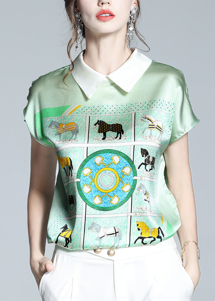 Elegant Light Green Peter Pan Collar Print Silk T Shirts Short Sleeve