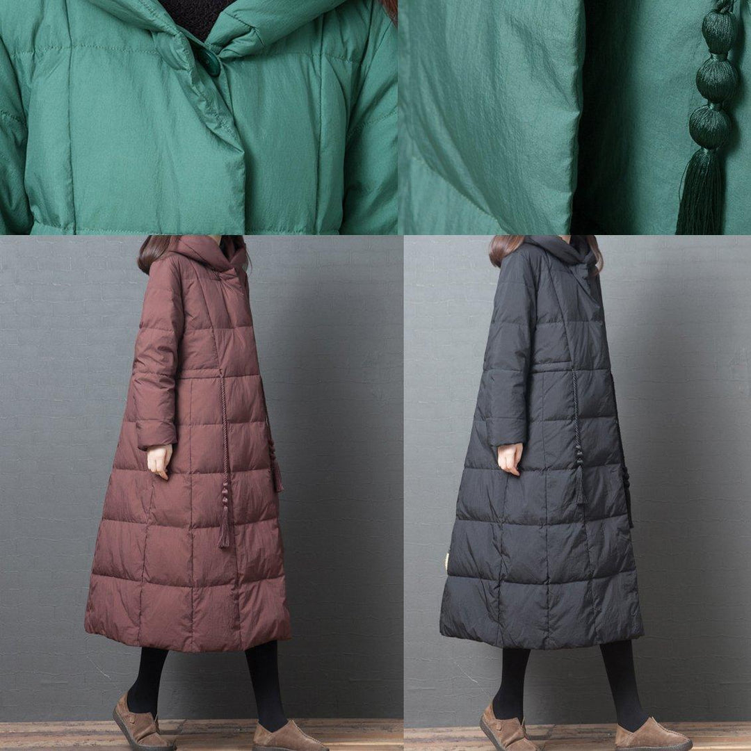 Elegant Loose fitting down jacket winter outwear green hooded pockets warm coat - Omychic