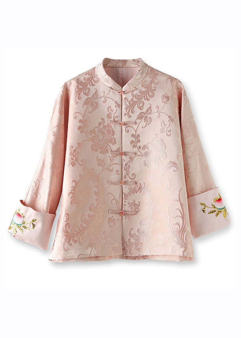 Elegant Pink Stand Collar Embroideried Silk Coat Long Sleeve