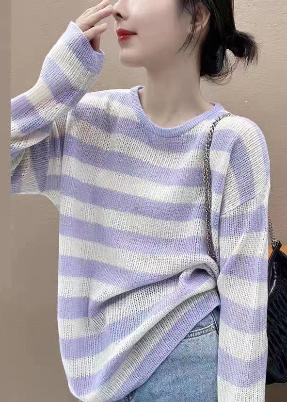 Elegant Pink Striped O Neck Cozy Knit Top Long Sleeve