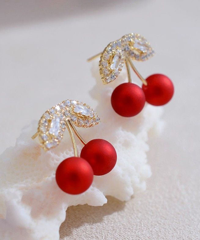 Elegant Red Alloy Zircon Cherry Stud Earrings