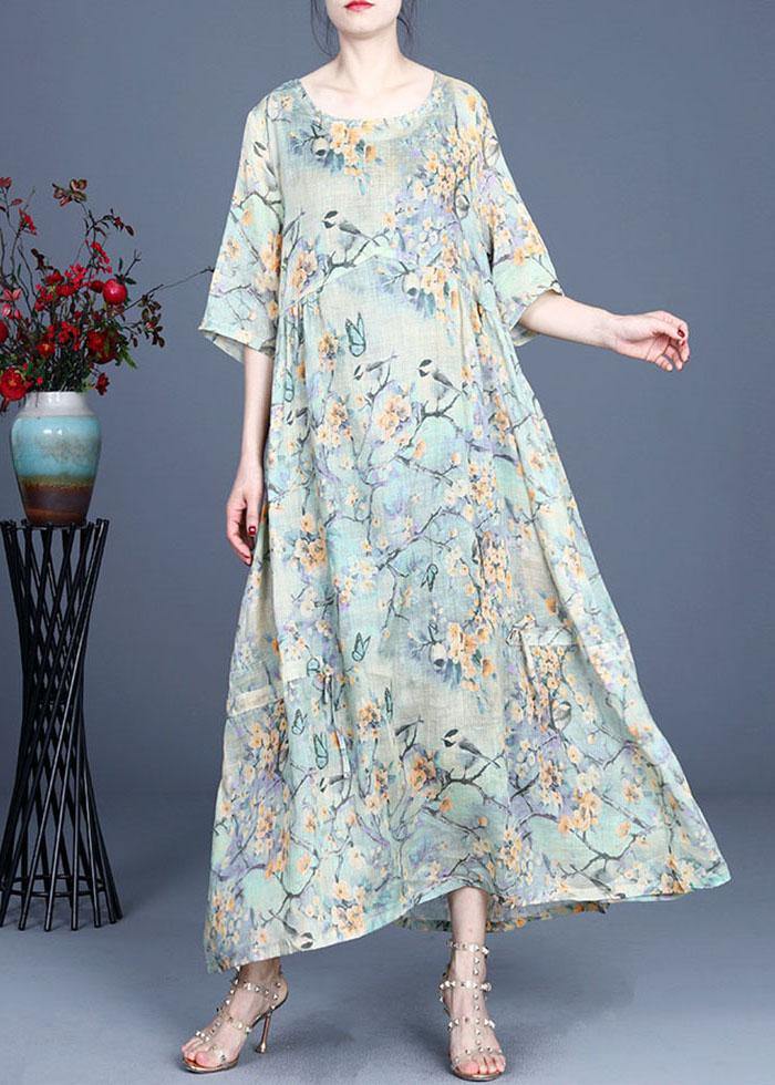 Elegant Yellow Retro Print Design Summer Ramie Dress - Omychic