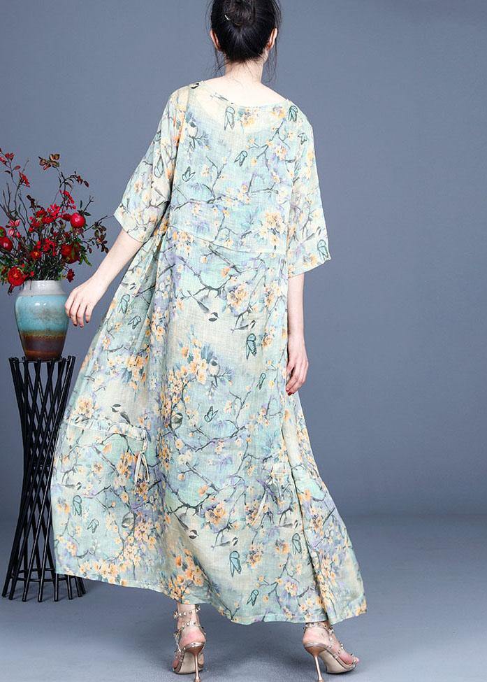 Elegant Yellow Retro Print Design Summer Ramie Dress - Omychic