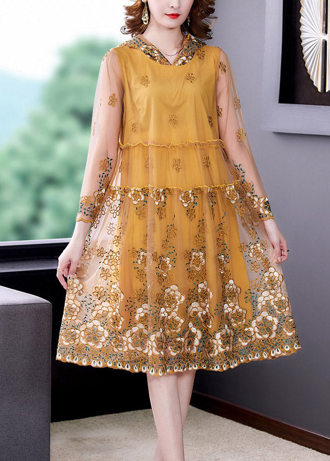 Elegant Yellow Ruffled Tulle Vacation Hooded Tulle Long Dresses Spring