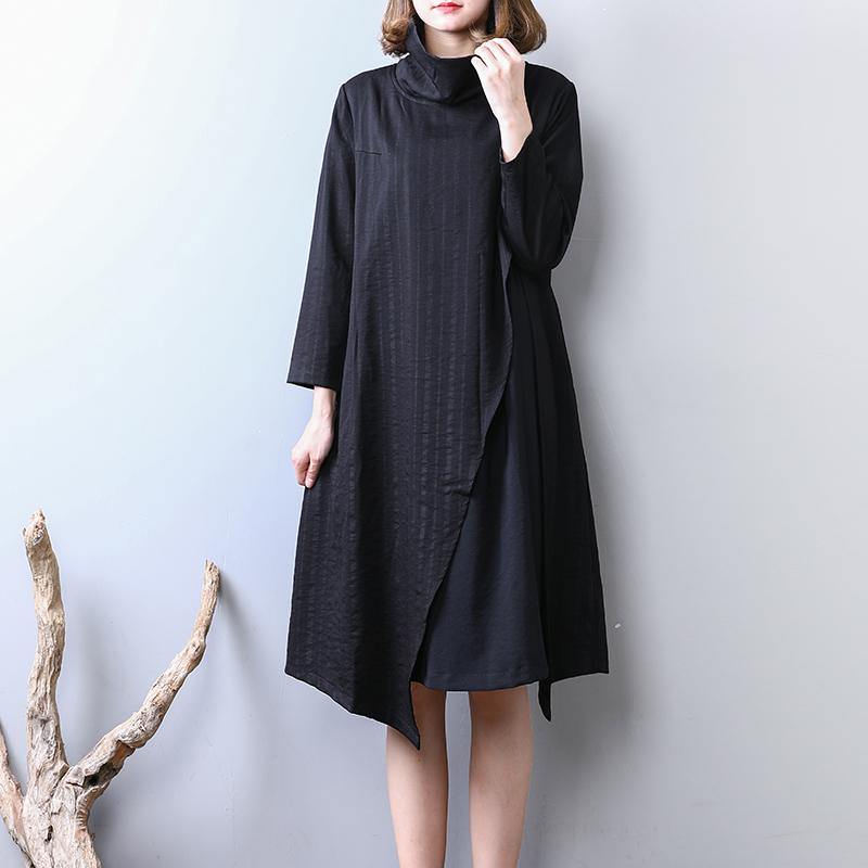 Elegant black cotton shift dresses casual holiday dresses asymmetric Fine high collar cotton dress - Omychic