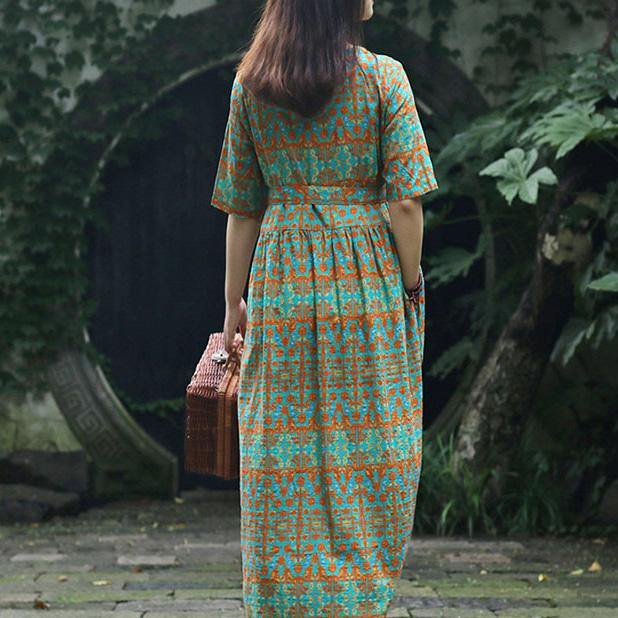 Elegant v neck tie waist cotton Tunics green print Maxi Dresses Summer - Omychic