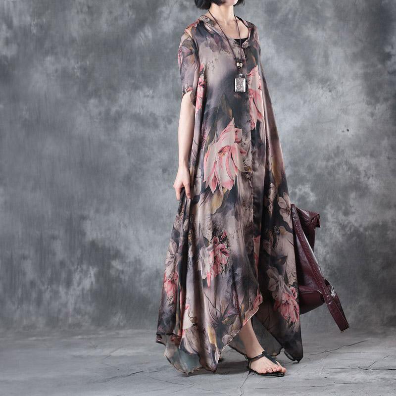Elegant black natural chiffon dress  plus size clothing traveling clothing boutique big hem prints  dress - Omychic