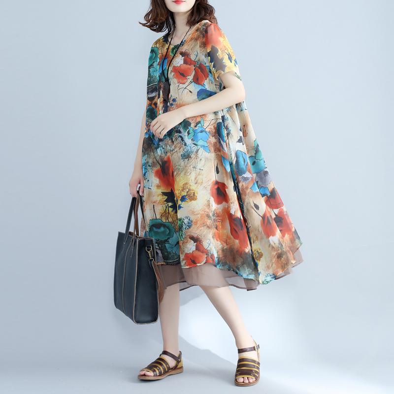 Elegant floral chiffon dress plus size holiday dresses 2018 short sleeve side open chiffon dress - Omychic