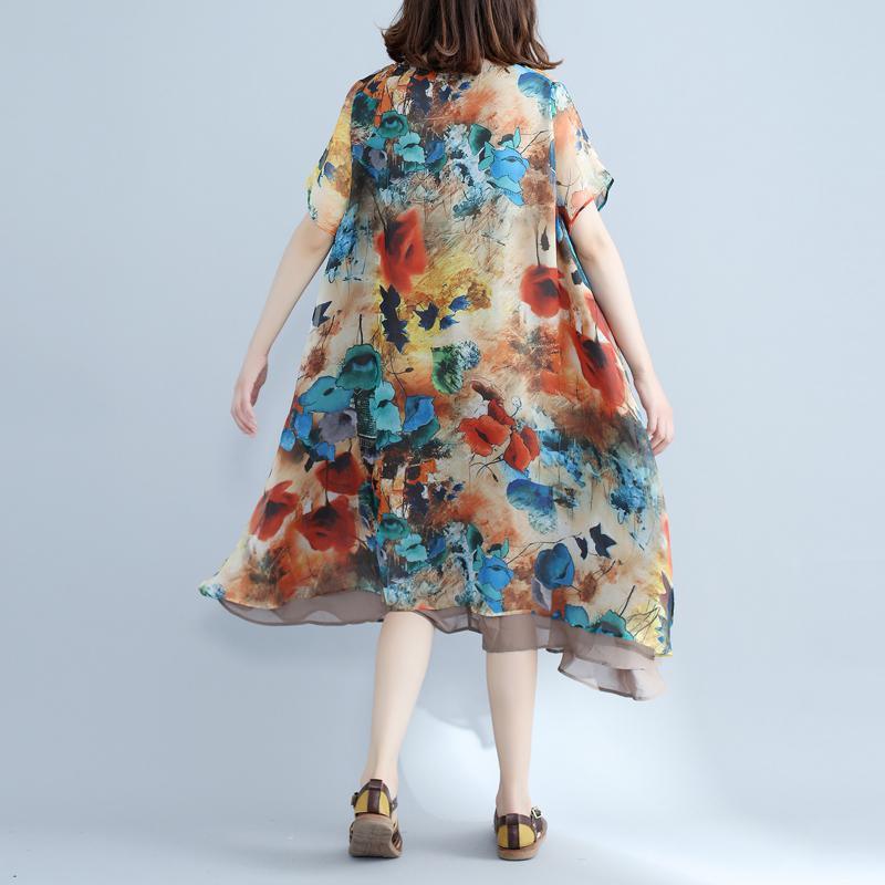 Elegant floral chiffon dress plus size holiday dresses 2018 short sleeve side open chiffon dress - Omychic