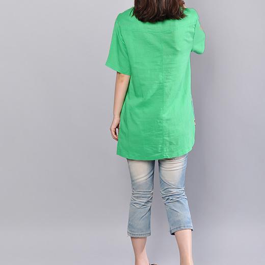 Elegant green Midi linen pullover oversized shirts boutique o neck patchwork midi tops - Omychic