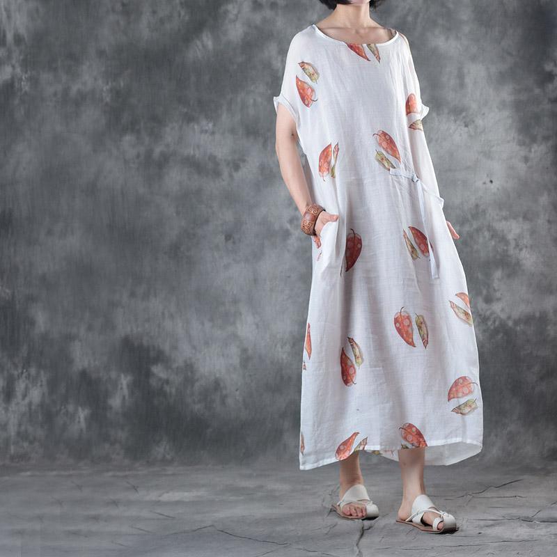 Elegant white linen knee dress trendy plus size linen clothing dresses top quality o neck prints  dresses - Omychic