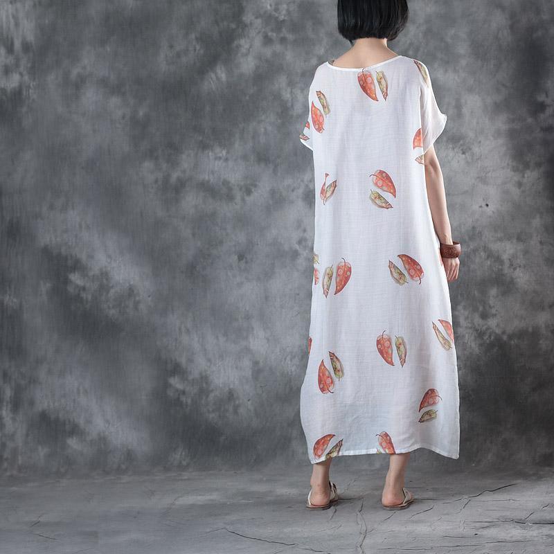 Elegant white linen knee dress trendy plus size linen clothing dresses top quality o neck prints  dresses - Omychic