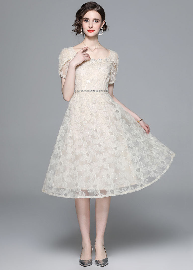 Fashion Apricot Square Collar Zircon Embroideried Tulle Dresses Summer