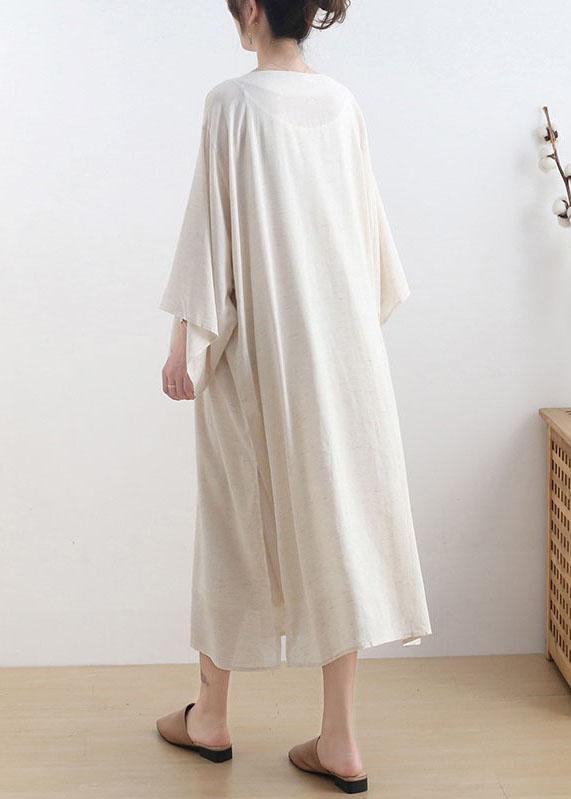 Fashion Beige O-Neck Button Maxi Dresses Fall Cotton Dress - Omychic