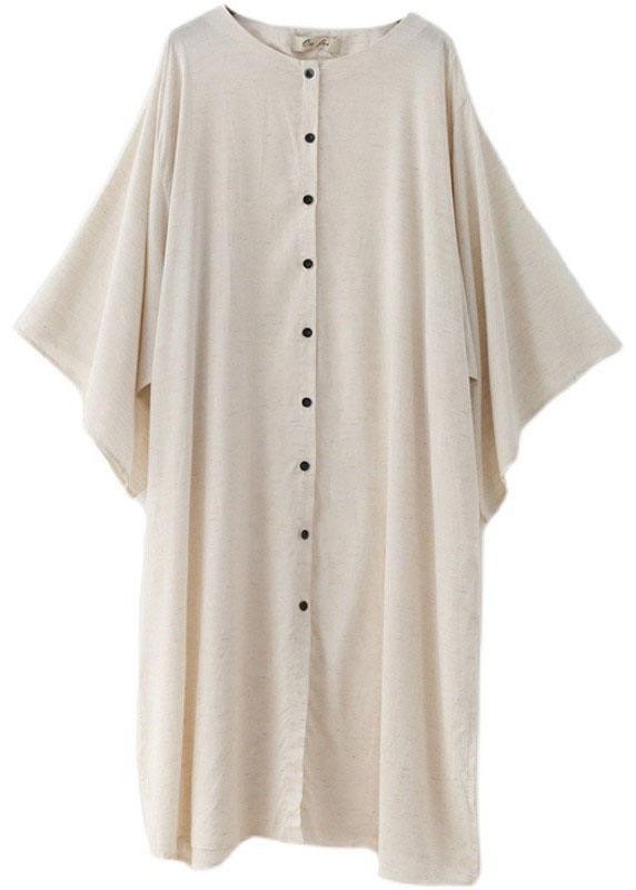 Fashion Beige O-Neck Button Maxi Dresses Fall Cotton Dress - Omychic