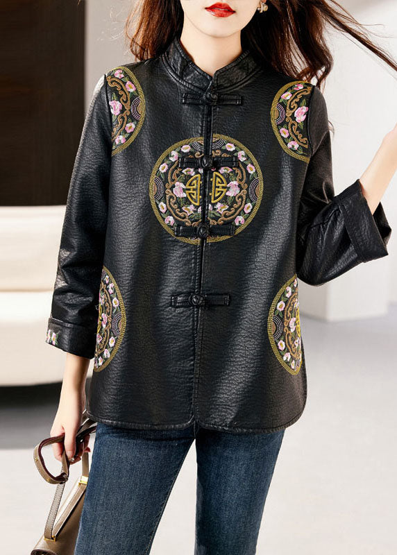 Fashion Black Stand Collar Embroideried Button Faux Leather Coats Fall