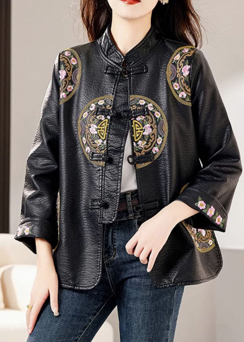 Fashion Black Stand Collar Embroideried Button Faux Leather Coats Fall