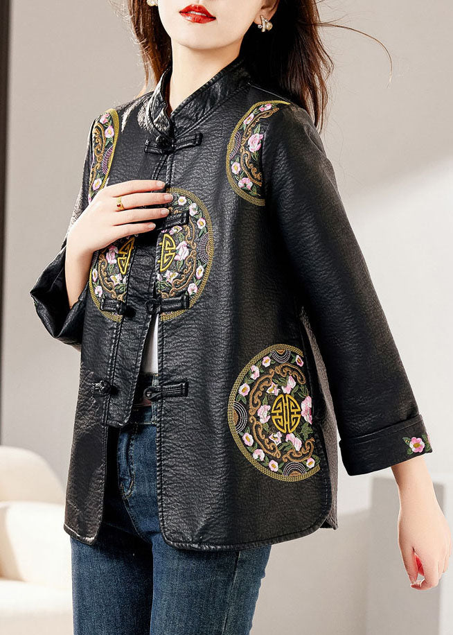 Fashion Black Stand Collar Embroideried Button Faux Leather Coats Fall