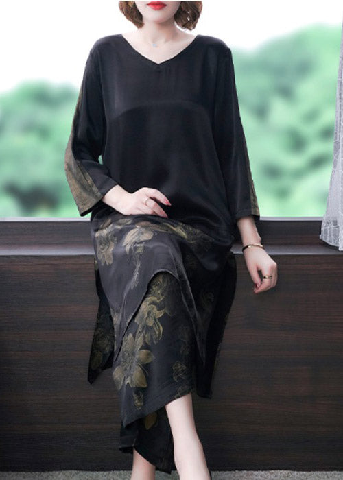 Fashion Black V Neck Print Silk Top And Pants Two Pieces Set