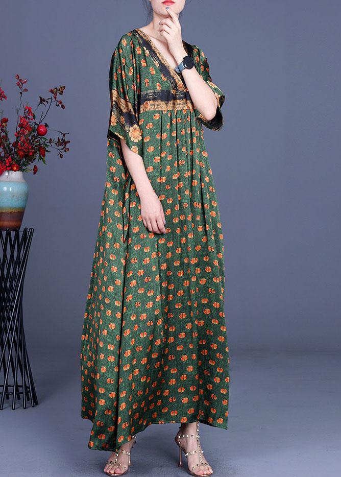 Fashion Green Dot Silk Patchwork V Neck Dress Summer - Omychic