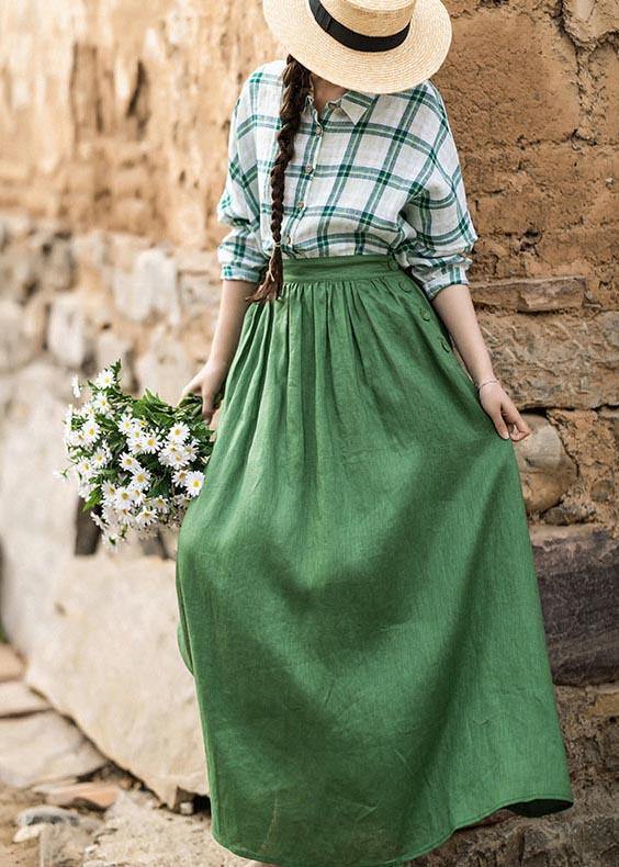 Fashion Green Elastic Waist A Line Skirts Summer Linen - Omychic