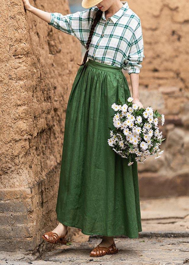 Fashion Green Elastic Waist A Line Skirts Summer Linen - Omychic