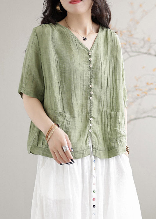 Fashion Green V Neck Linen T Shirts Short Sleeve