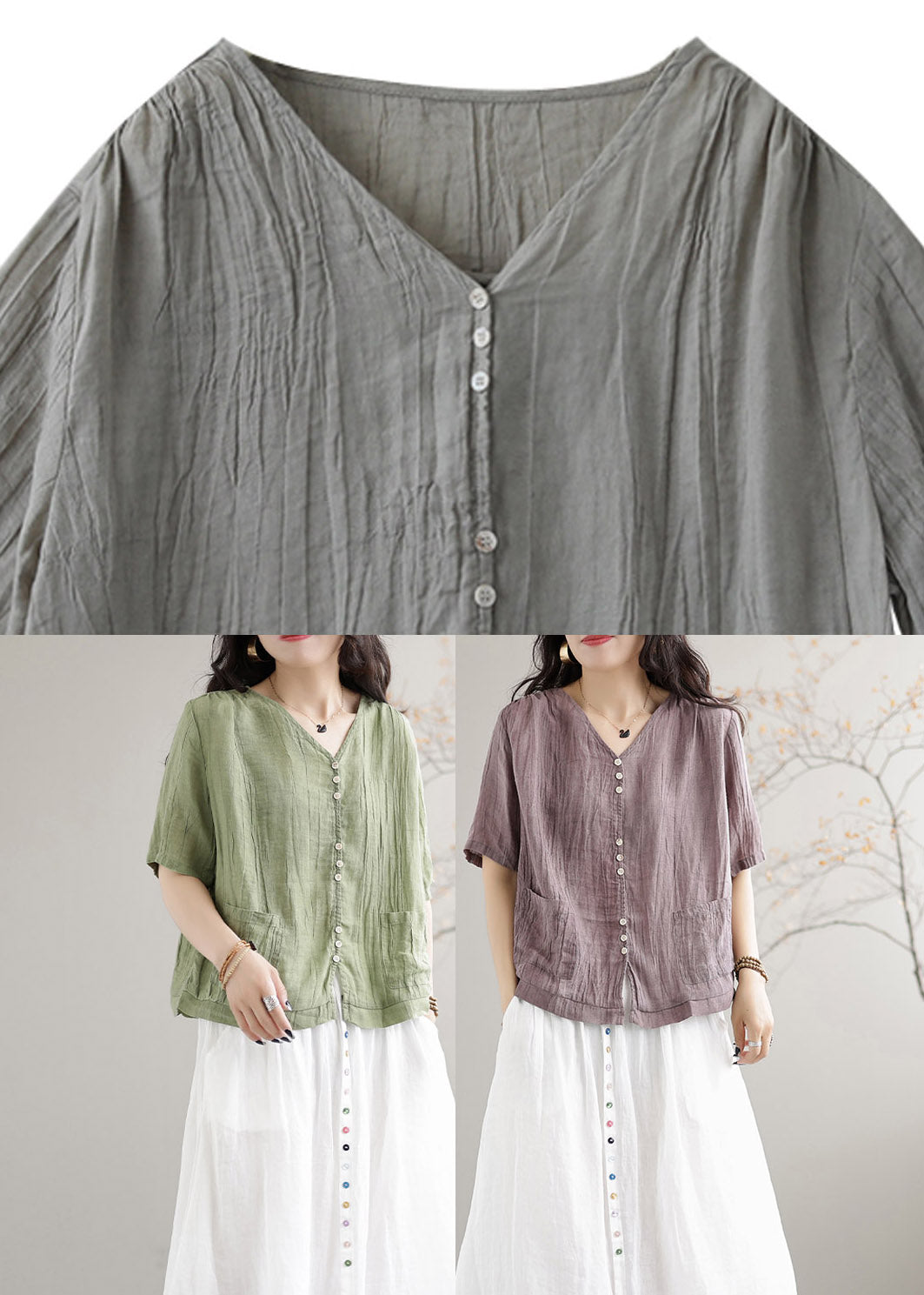 Fashion Green V Neck Linen T Shirts Short Sleeve