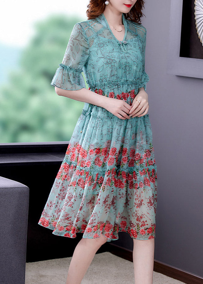 Fashion Light Green V Neck Print Chiffon Maxi Dress Summer