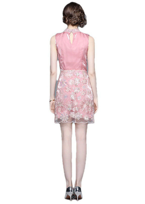 Fashion Pink Ruffled Embroidery Sequins Patchwork Silk Two Pieces Set Sleeveless