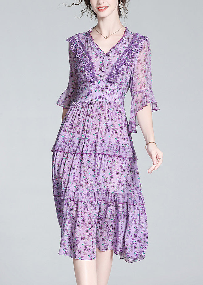 Fashion Purple V Neck Print Wrinkled Button Silk Long Dress Half Sleeve