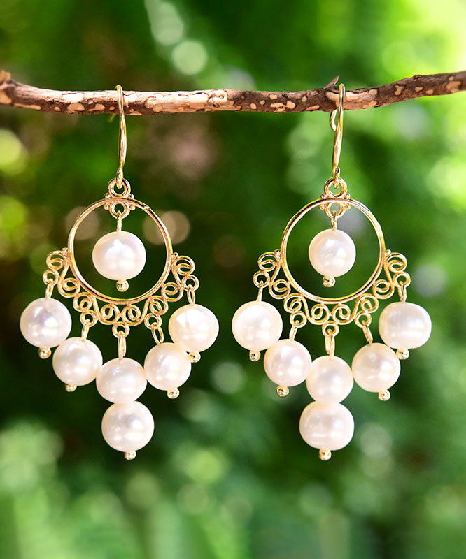 Fashion White 14K Gold Pearl Tassel Drop Earrings