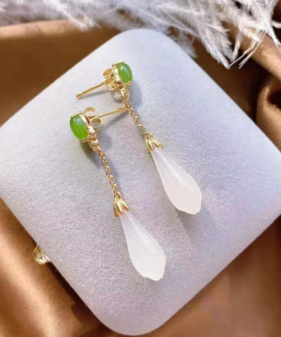 Fashion White Sterling Silver Overgild Jade Magnolia Drop Earrings