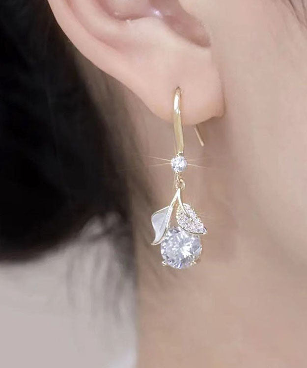 Fashion White Sterling Silver Overgild Zircon Leaves Drop Earrings