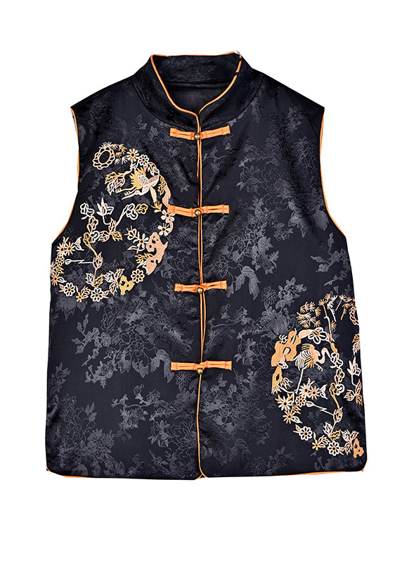 Fine Black Embroideried Chinese Button Silk Oriental Vests Spring