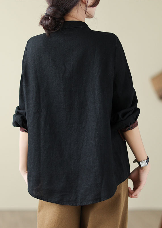 Fine Black Peter Pan Collar Print Button Linen Shirts Long Sleeve