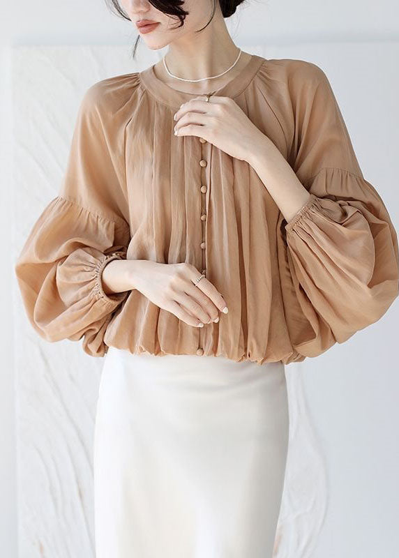 Fine Camel O Neck Wrinkled Patchwork Button Chiffon Shirt Spring