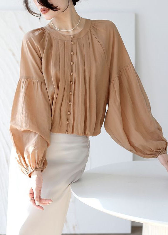 Fine Camel O Neck Wrinkled Patchwork Button Chiffon Shirt Spring